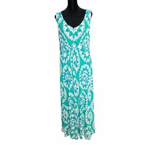 Boden Maxi Dress Spring Damask Green Blue Preppy Comfortable Size 14